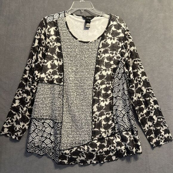 Ali Miles Mesh Top Floral Mixed Print Plus Size 1X Black Artsy Office Career - Picture 1 of 8